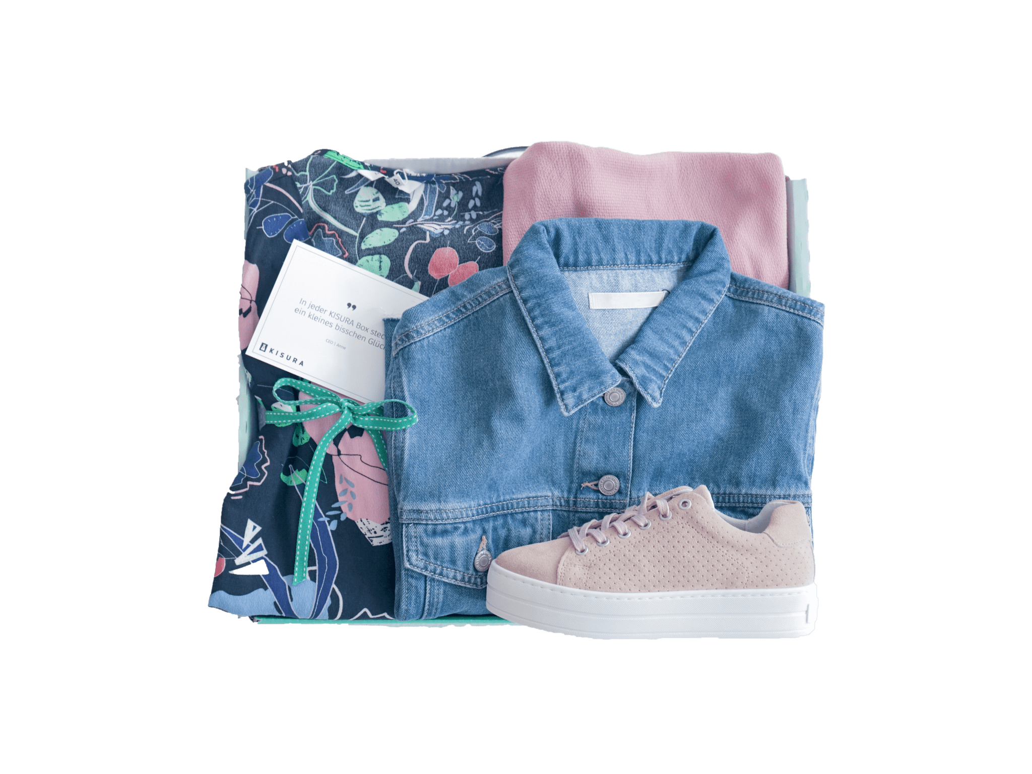 Outfitbox_Frühling Outfitbox mit Jeansjacke, rosa Sneakern und Blumenbluse
